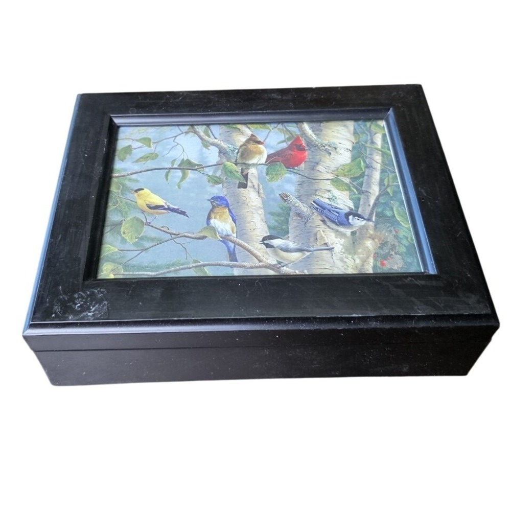 Black Lacquered Jewelry Box Iris Floral Musical‎ Lined Mirror Japan - Works